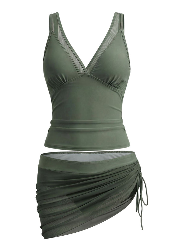 Solid Mesh V-Neck Tankini Set &amp; Ruched Skirt, vintage skirt, retro style - perfect for women who love vintage and retro fashion