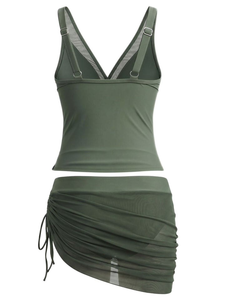 Solid Mesh V-Neck Tankini Set &amp; Ruched Skirt, vintage skirt, retro style - perfect for women who love vintage and retro fashion