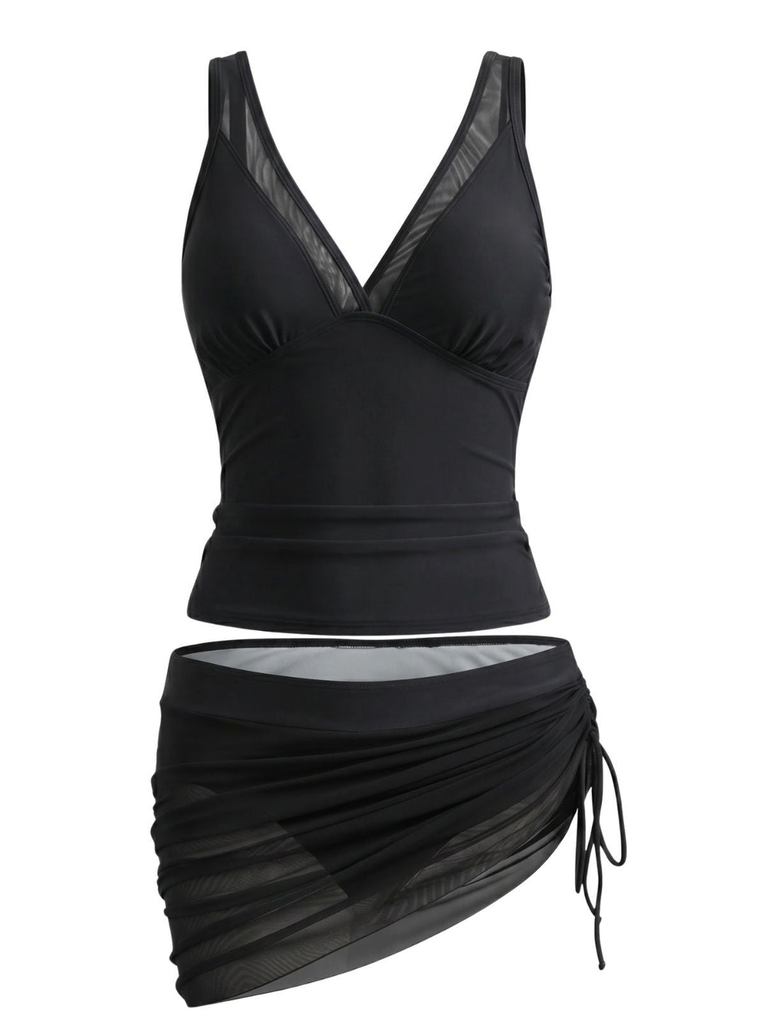 Solid Mesh V-Neck Tankini Set &amp; Ruched Skirt, vintage skirt, retro style - perfect for women who love vintage and retro fashion