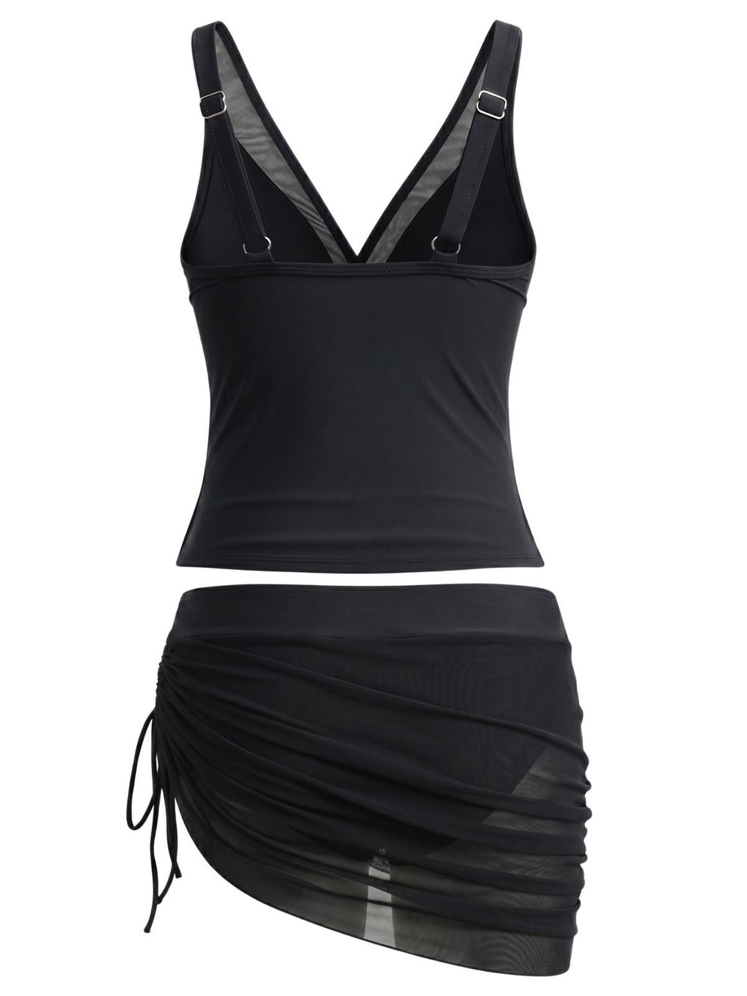 Solid Mesh V-Neck Tankini Set &amp; Ruched Skirt, vintage skirt, retro style - perfect for women who love vintage and retro fashion