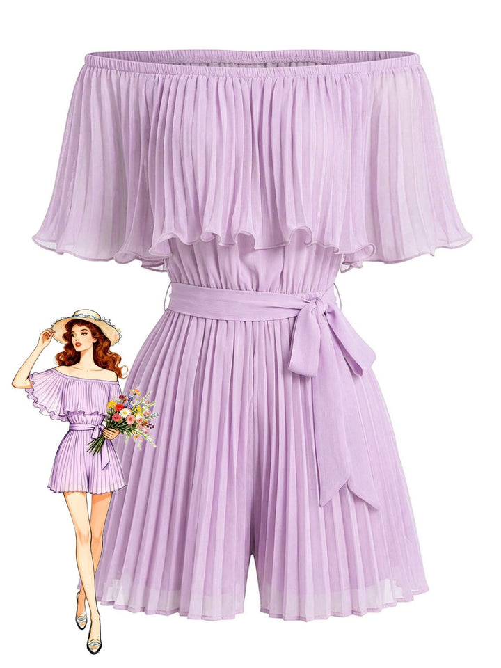 1960s Solid Off Shoulder Pleated Romper 5