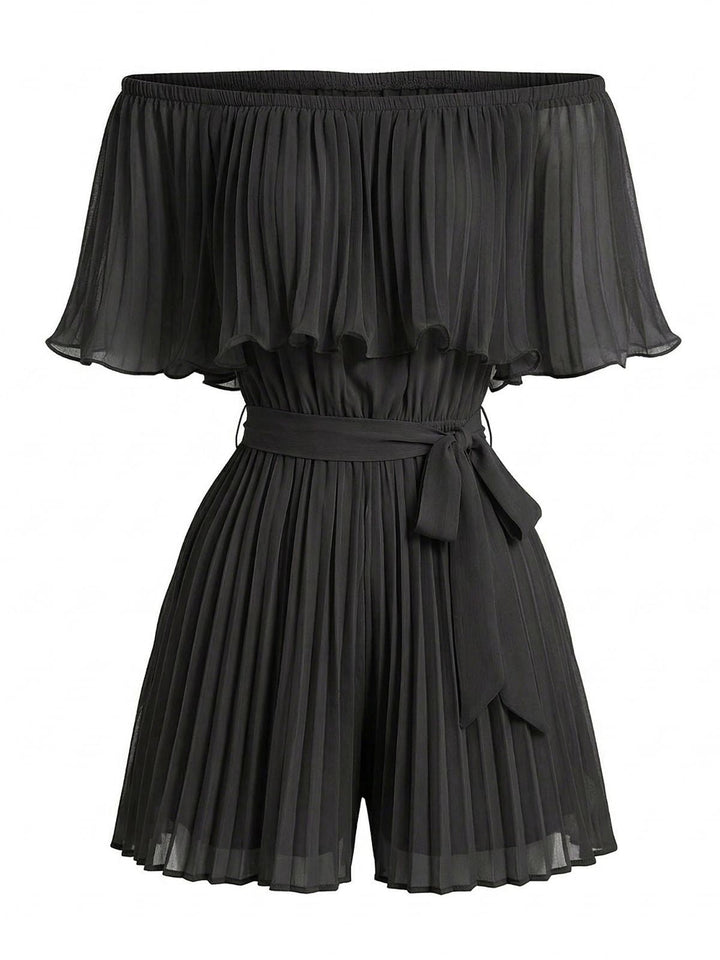 1960s Solid Off Shoulder Pleated Romper 2