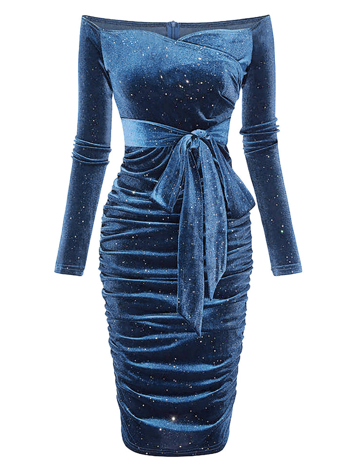 1960s Solid Off-Shoulder Velvet Dress — a 1960s silhouette that turns sidewalks into runways