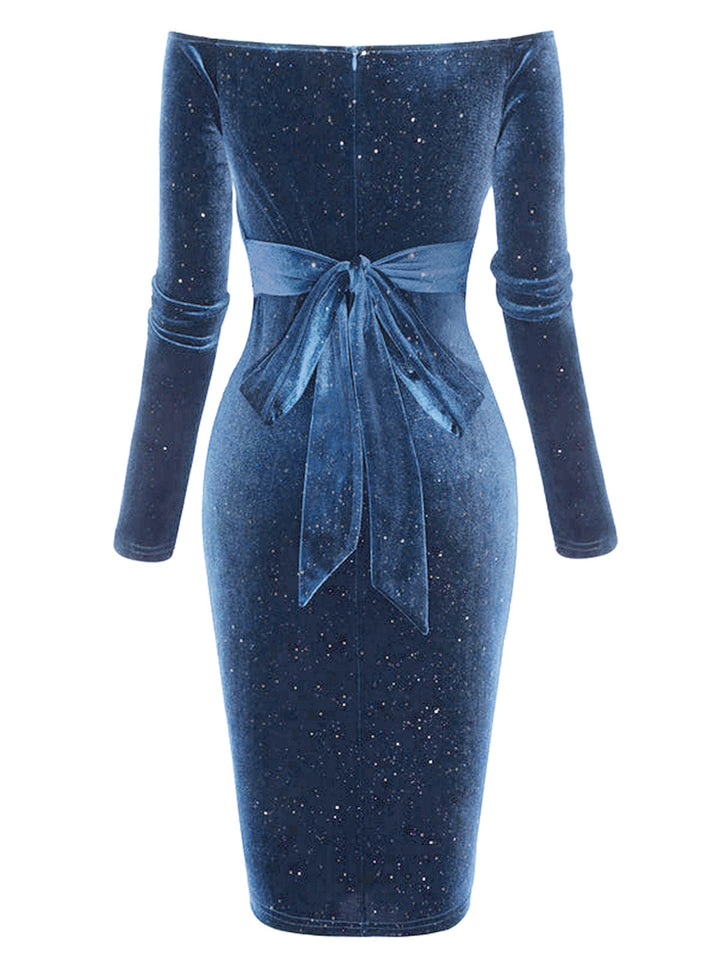 She slips into this 1960s Solid Off-Shoulder Velvet Dress and suddenly it&