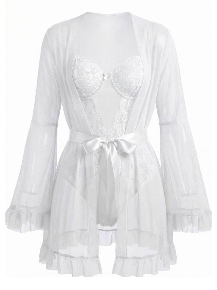 Solid Sheer Lace Patchwork Sleepwear Set - vintage nightgown, retro sleepwear