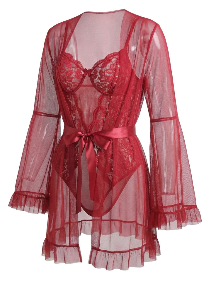 Solid Sheer Lace Patchwork Sleepwear Set - vintage nightgown, retro sleepwear