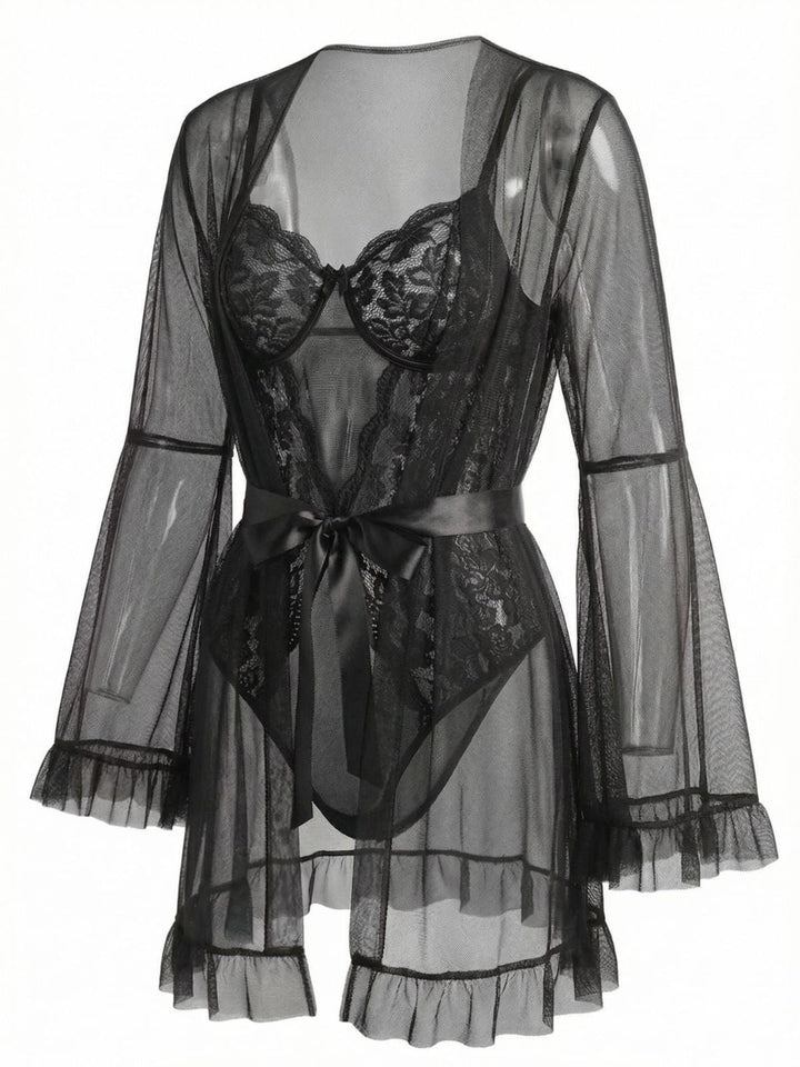 Solid Sheer Lace Patchwork Sleepwear Set - vintage nightgown, retro sleepwear