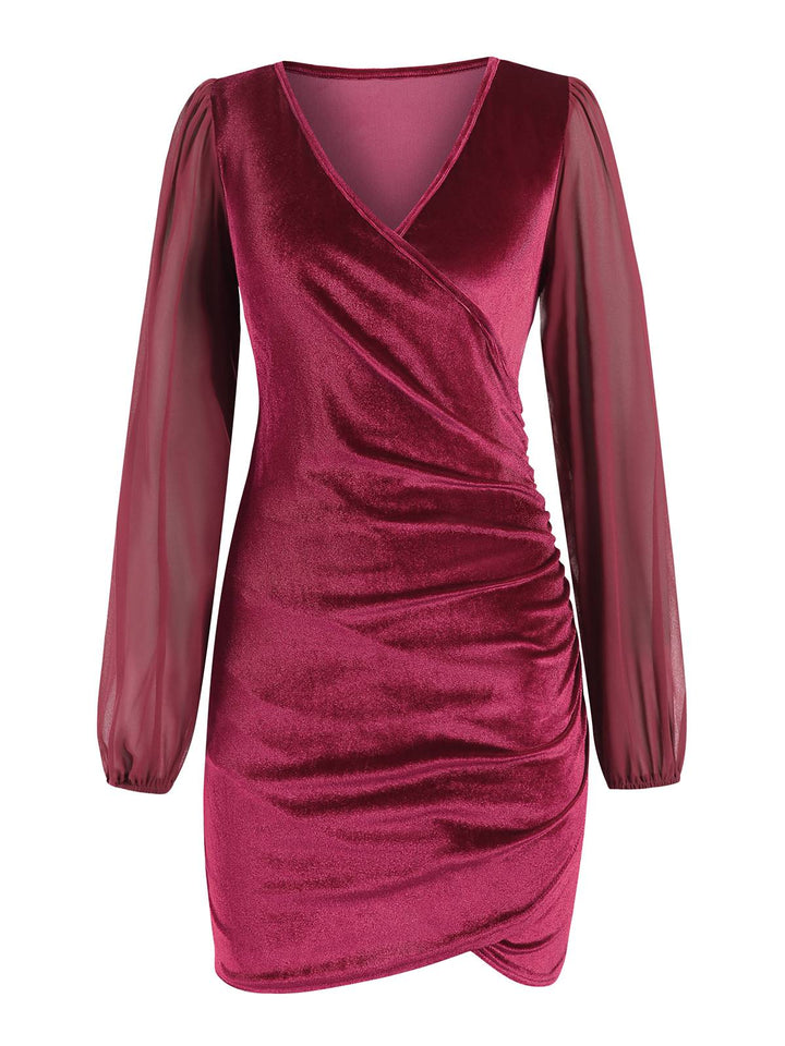 She slips into this 1960s Solid Sheer Sleeves V-Neck Velvet Dress and suddenly it&