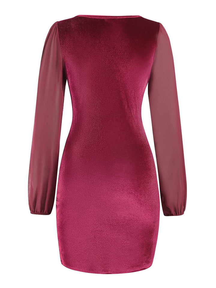 1960s Solid Sheer Sleeves V-Neck Velvet Dress, vintage dress, retro fashion - perfect for women who love vintage and retro fashion