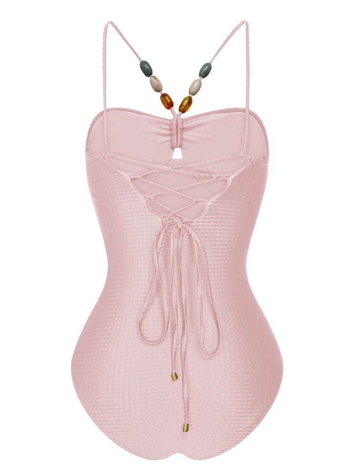1960s Solid Textured Bandeau Halter Swimsuit, vintage swimsuit, pin-up swimwear - perfect for women who love vintage and retro fashion