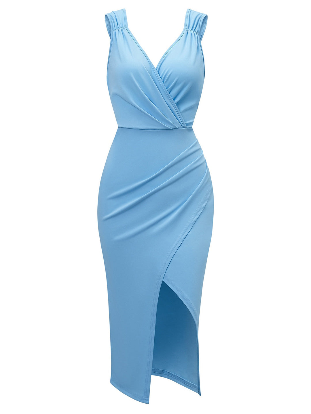 She slips into this 1960s Solid V-Neck Side Slit Bodycon Dress and suddenly it&