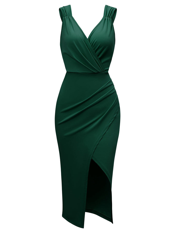 1960s Solid V-Neck Side Slit Bodycon Dress: where 1960s romance meets her modern spirit