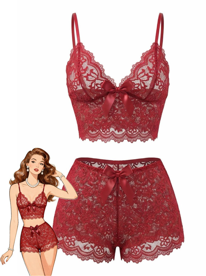 Spaghetti Strap Lace Floral Bow Pajama Set - vintage fashion, retro style