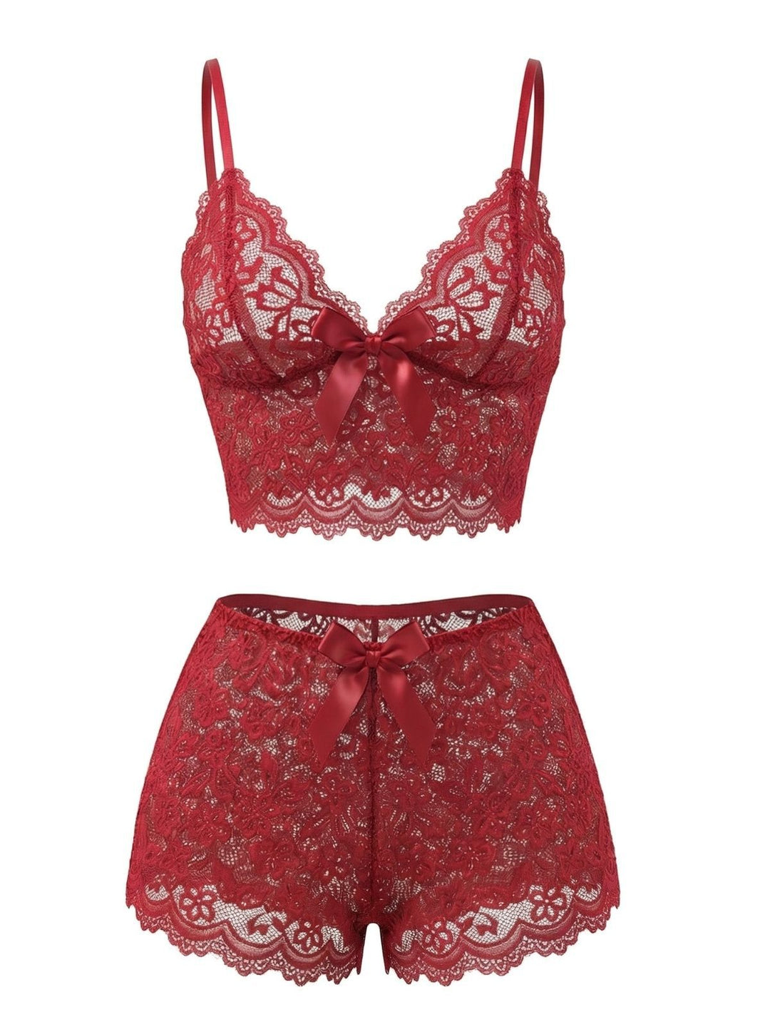 Spaghetti Strap Lace Floral Bow Pajama Set - vintage fashion, retro style