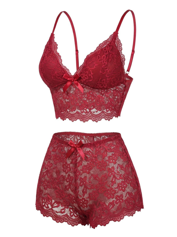 Spaghetti Strap Lace Floral Bow Pajama Set - vintage fashion, retro style