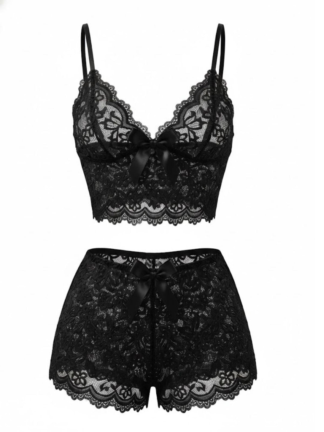 Spaghetti Strap Lace Floral Bow Pajama Set - vintage fashion, retro style