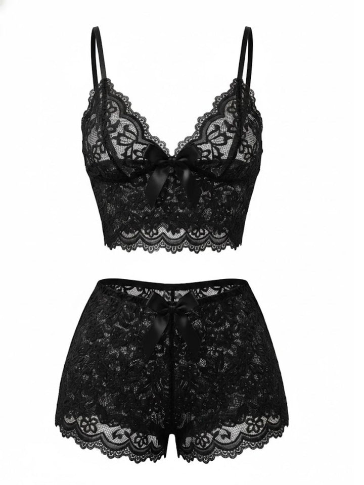 Spaghetti Strap Lace Floral Bow Pajama Set - vintage fashion, retro style