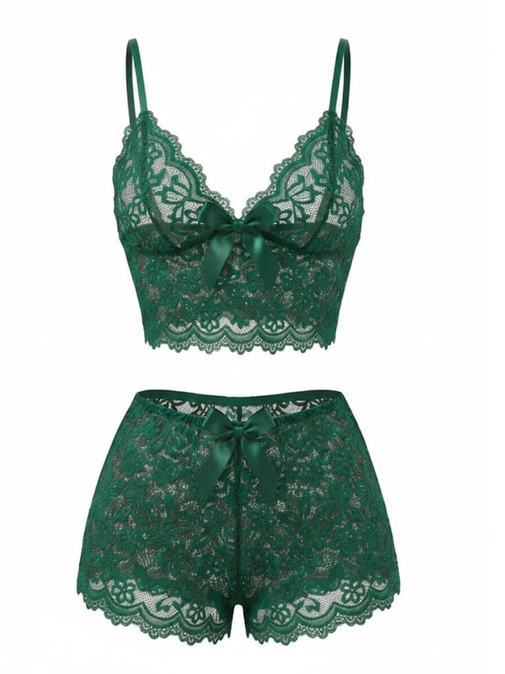 Spaghetti Strap Lace Floral Bow Pajama Set - vintage fashion, retro style