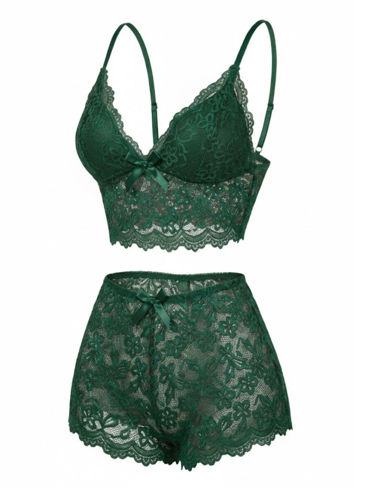 Spaghetti Strap Lace Floral Bow Pajama Set - vintage fashion, retro style