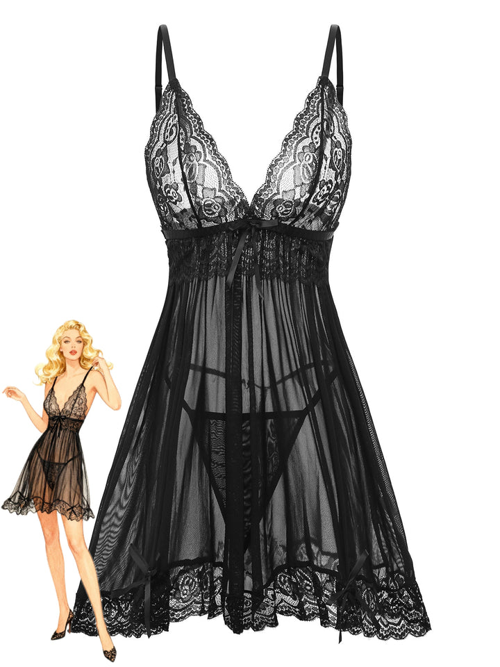 Spaghetti Strap Lace Sheer Babydoll Lingerie Set - vintage fashion, retro style