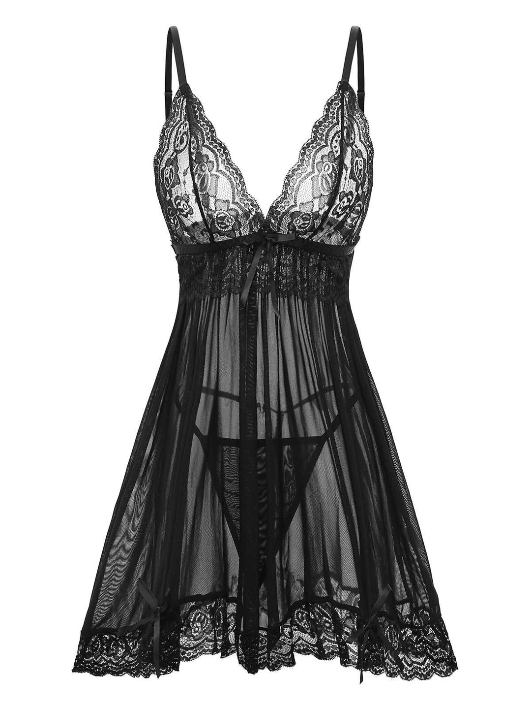 Spaghetti Strap Lace Sheer Babydoll Lingerie Set - vintage fashion, retro style