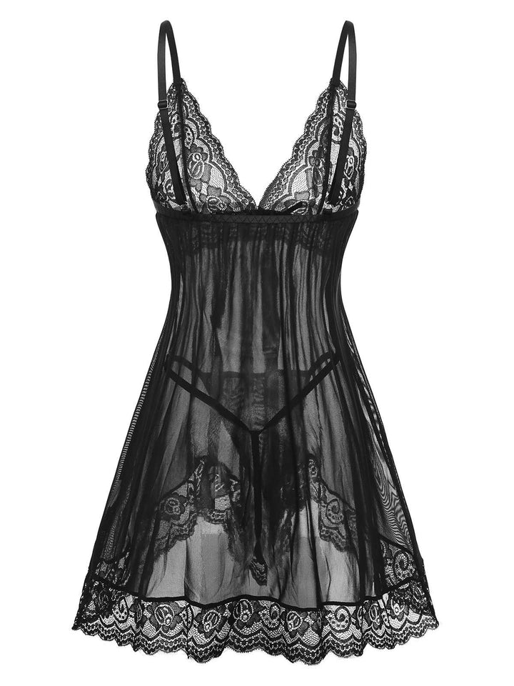 Spaghetti Strap Lace Sheer Babydoll Lingerie Set - vintage fashion, retro style