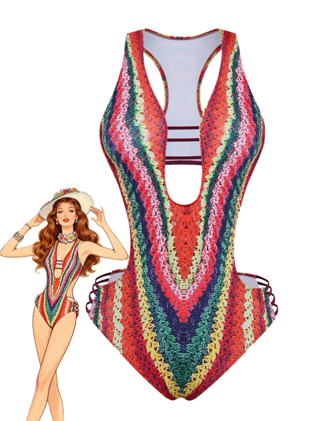 Multicolor Rainbow Cutout Strappy Faux Crochet Swimsuit - vintage swimsuit, style