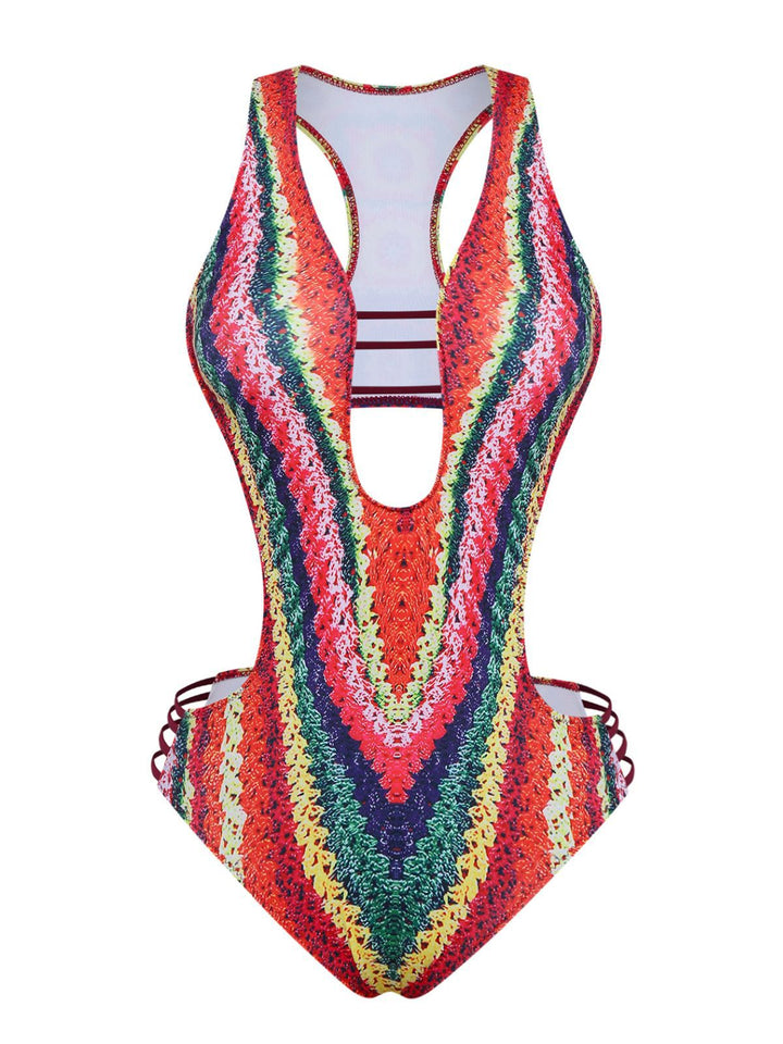 Multicolor Rainbow Cutout Strappy Faux Crochet Swimsuit - vintage swimsuit, style