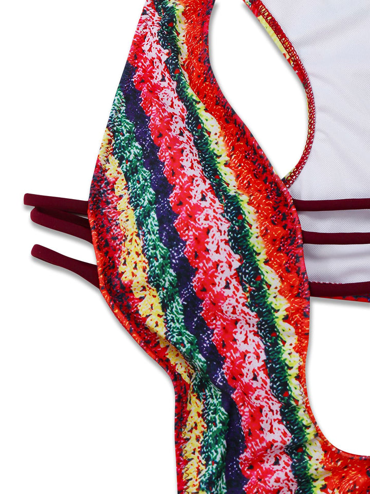 Multicolor Rainbow Cutout Strappy Faux Crochet Swimsuit - vintage swimsuit, style