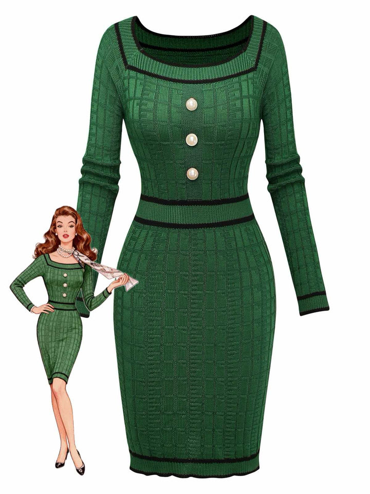 1960s Square Neck Pearl Button Knitted Dress - vintage dress, retro fashion