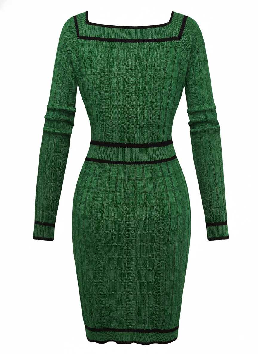 1960s Square Neck Pearl Button Knitted Dress - vintage dress, retro fashion
