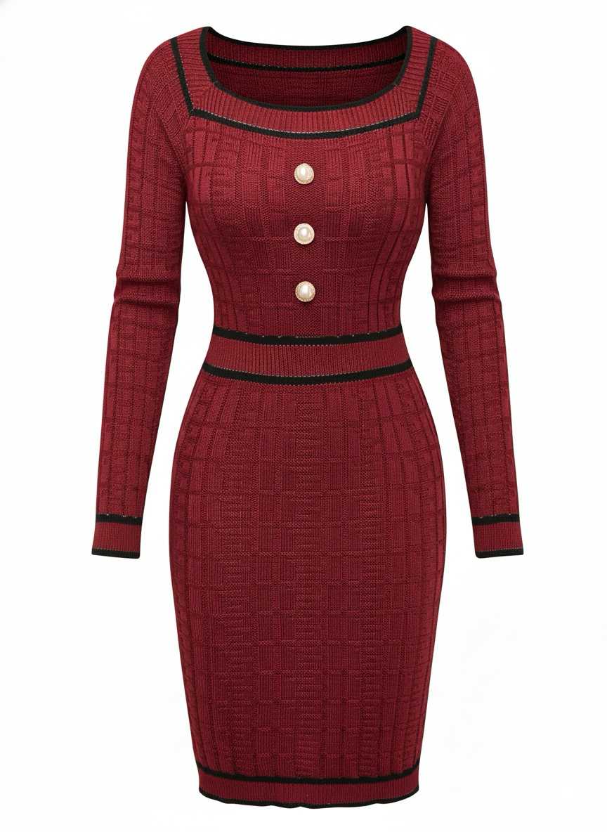 1960s Square Neck Pearl Button Knitted Dress - vintage dress, retro fashion