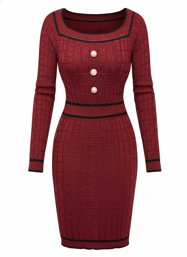 1960s Square Neck Pearl Button Knitted Dress - vintage dress, retro fashion