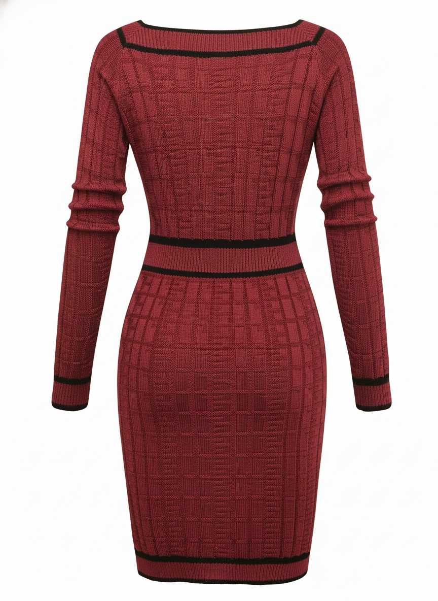 1960s Square Neck Pearl Button Knitted Dress - vintage dress, retro fashion