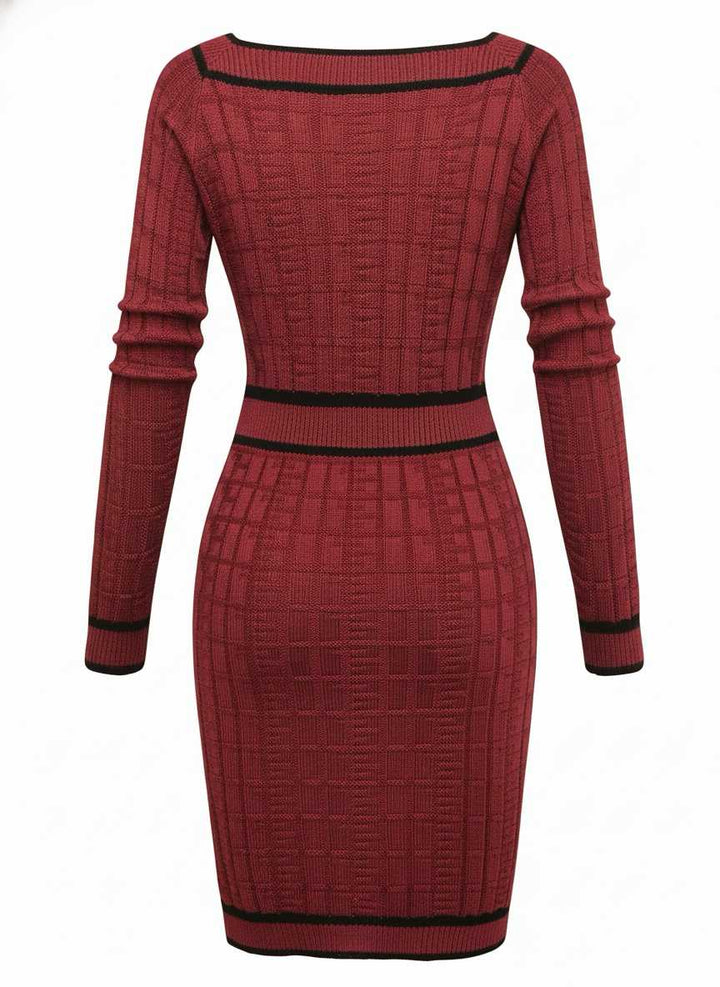 1960s Square Neck Pearl Button Knitted Dress - vintage dress, retro fashion