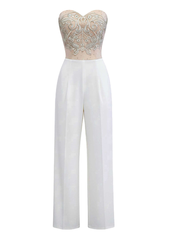 1960s Strapless Embroidered Corset Jumpsuit - vintage jumpsuit, retro fashion, elegant red
