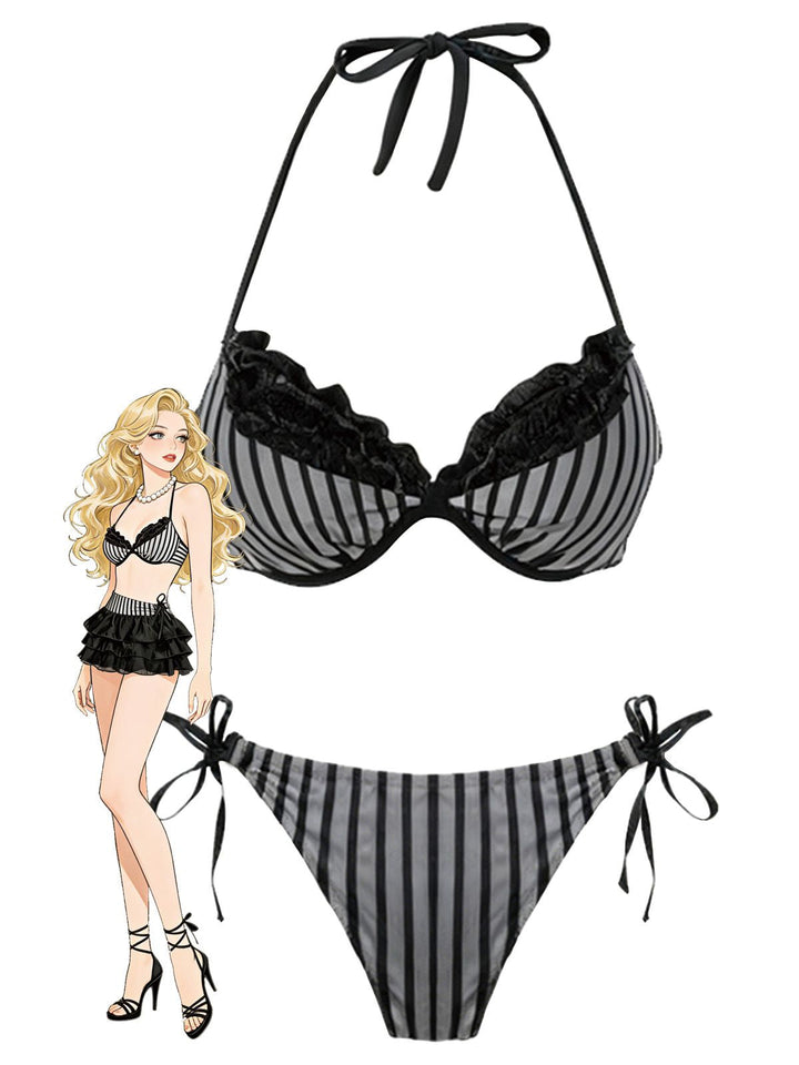 Striped Mesh Halter Bow Bikini Set - vintage fashion, retro style