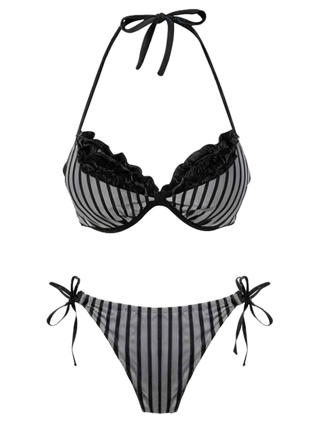 Striped Mesh Halter Bow Bikini Set - vintage fashion, retro style