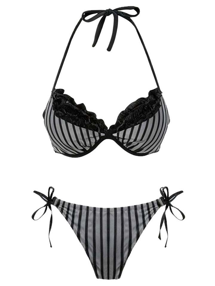 Striped Mesh Halter Bow Bikini Set - vintage fashion, retro style