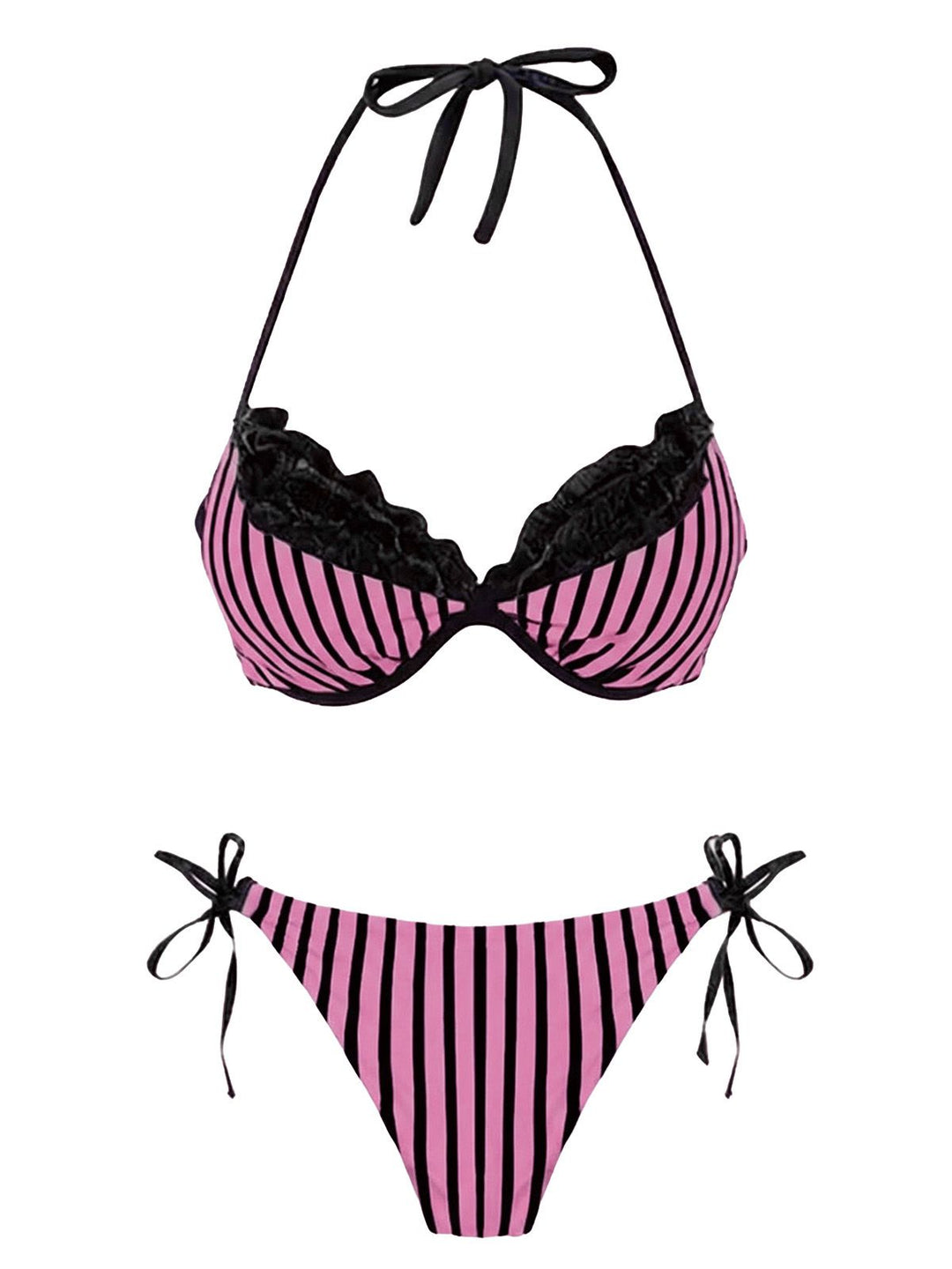 Striped Mesh Halter Bow Bikini Set - vintage fashion, retro style