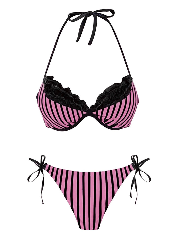 Striped Mesh Halter Bow Bikini Set - vintage fashion, retro style