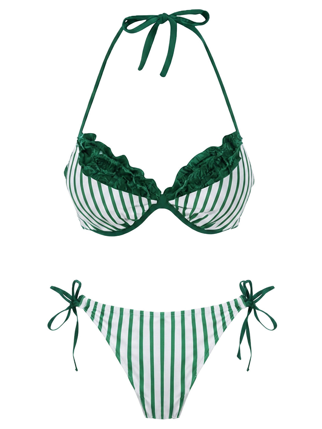 Green Striped Mesh Halter Bow Bikini Set, vintage swimsuit, swimwear, retro beach style, women, elegant