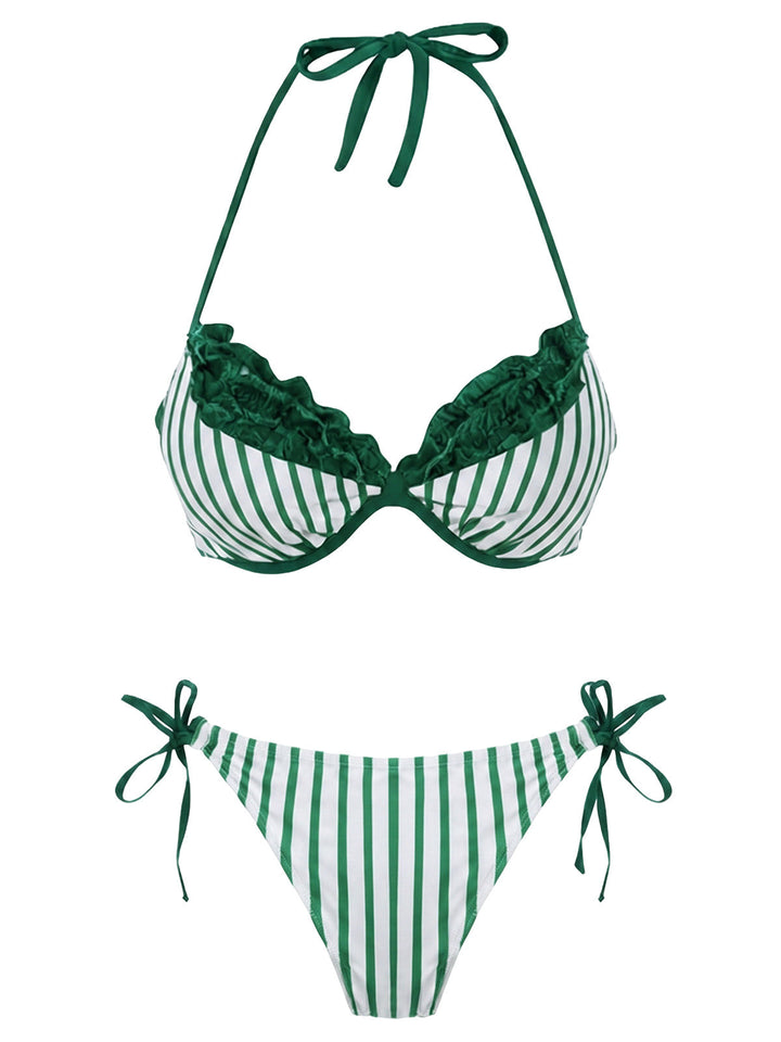 Green Striped Mesh Halter Bow Bikini Set, vintage swimsuit, swimwear, retro beach style, women, elegant