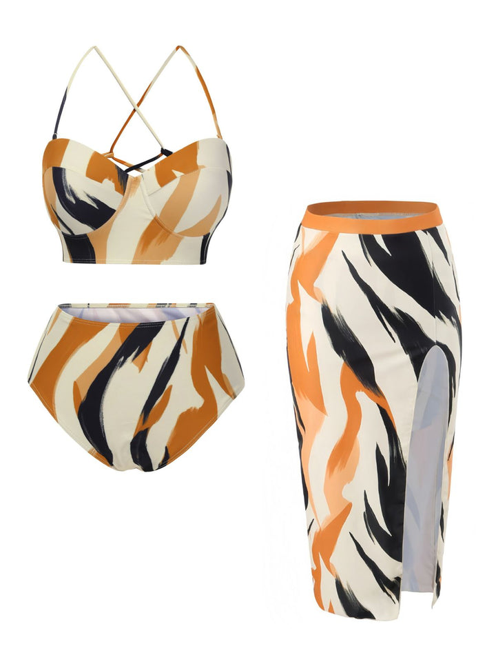 2PCS Multicolor 1960s Artistic Brush Straps Lace-Up Swimsuit &amp; Cover-Up - vintage swimsuit, pin-up style