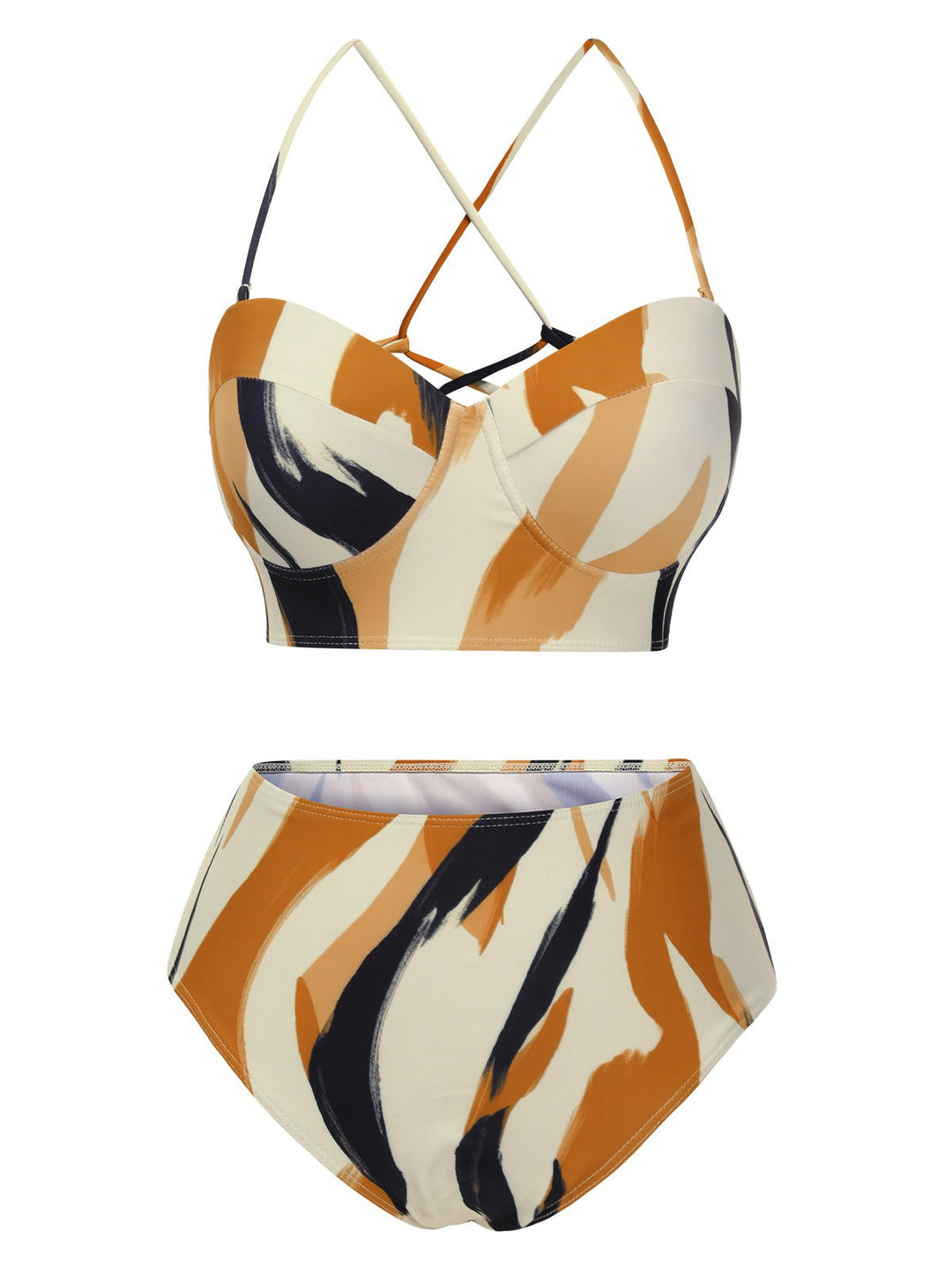 2PCS Multicolor 1960s Artistic Brush Straps Lace-Up Swimsuit &amp; Cover-Up - vintage swimsuit, pin-up style