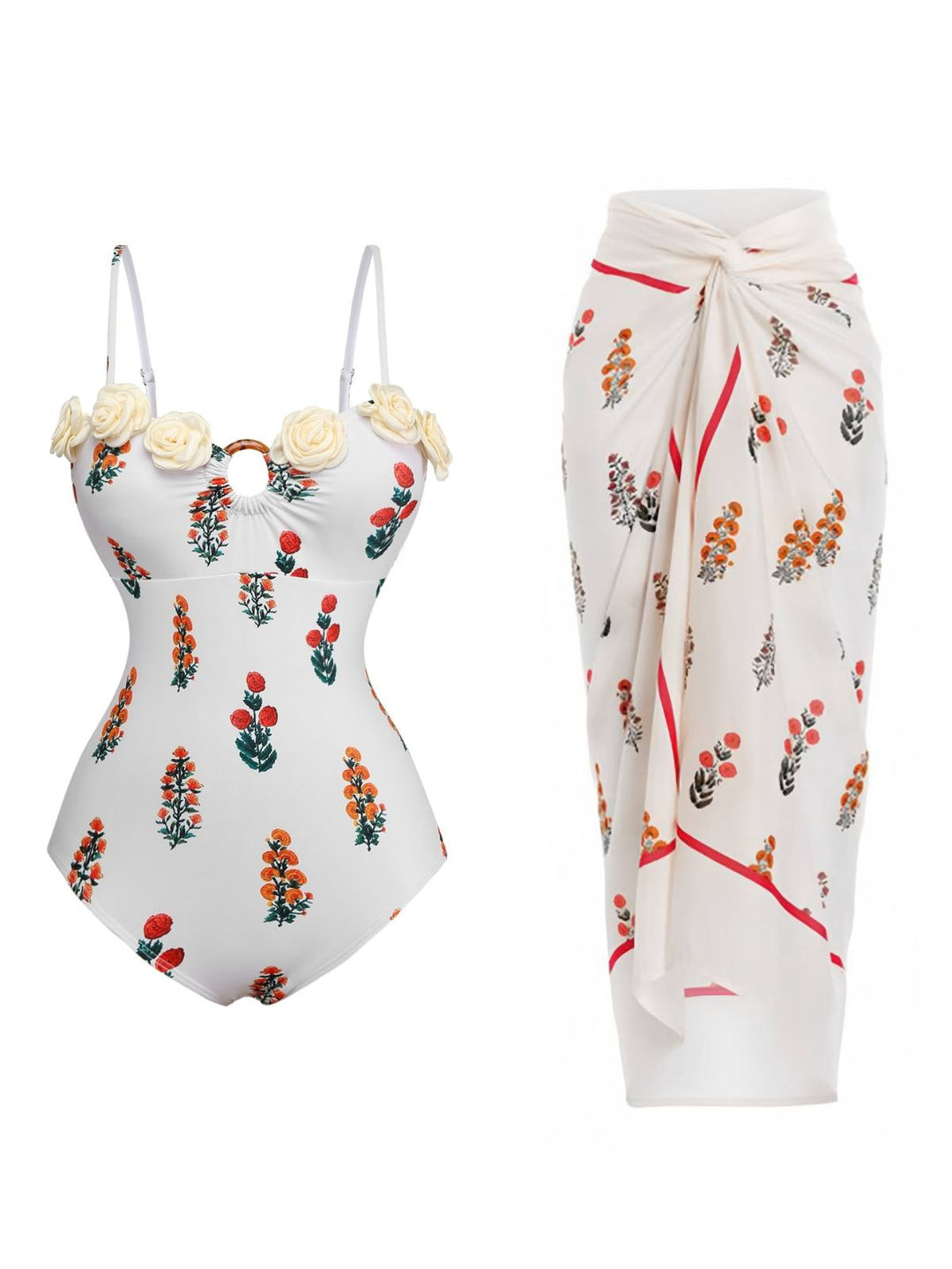 2PCS White 1960s 3D-Flower Spaghetti Straps Swimsuit &amp; Cover-Up - vintage swimsuit, pin-up style, pure white