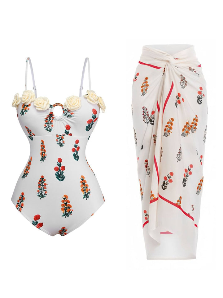 2PCS White 1960s 3D-Flower Spaghetti Straps Swimsuit &amp; Cover-Up - vintage swimsuit, pin-up style, pure white