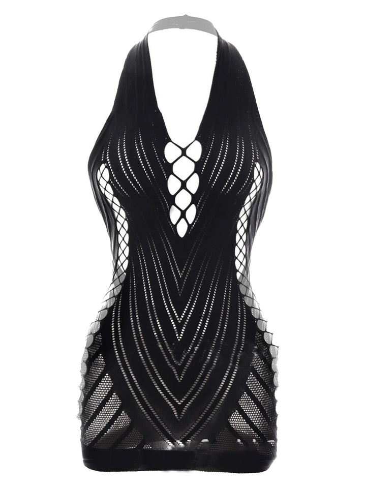 1960s Halter Fishnet Cutout Bodycon Mini Swimsuit Cover-Up - vintage swimsuit, pin-up style