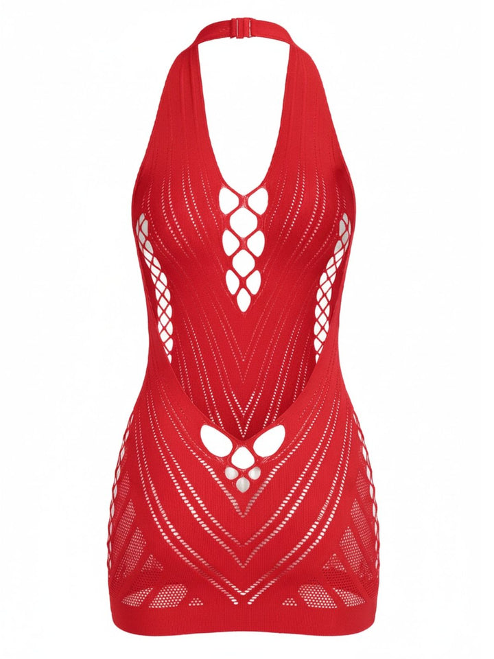 1960s Halter Fishnet Cutout Bodycon Mini Swimsuit Cover-Up - vintage swimsuit, pin-up style