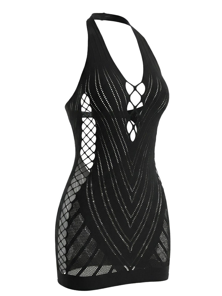 1960s Halter Fishnet Cutout Bodycon Mini Swimsuit Cover-Up - vintage swimsuit, pin-up style